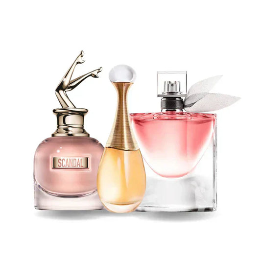 Combo de 3 perfumes Jean Paul Gaultier SCANDAL, Dior J'ADORE e Lancôme LA VIE EST BELLE 100ml