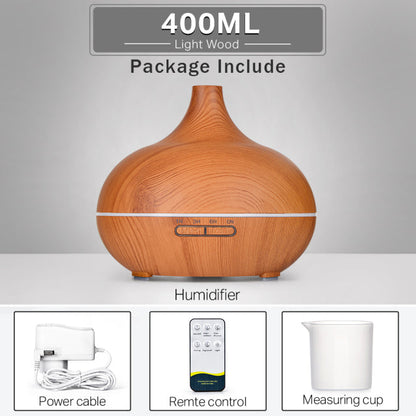 Difusor de óleo essencial de aromaterapia grão de madeira controle remoto umidificador de ar ultra-sônico fresco com luz LED de 7 cores